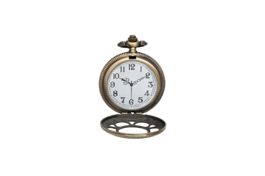 Antique brass pocket watch showcasing precision time on transparent background