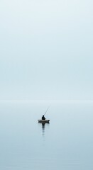Leisure and Contemplation: Quiet Fishing Scene with Soft Blue and Gray Hues