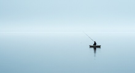 Minimalist Horizon: Solitary Fisherman on a Still Lake Against a Pale, Misty Sky