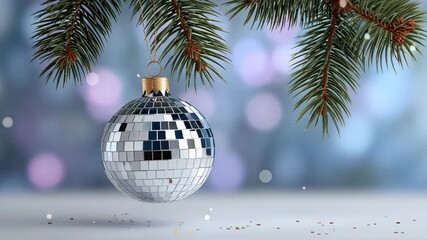 Sparkling disco ball ornament hangs from evergreen branches, capturing light reflections and festive ambiance, as the camera smoothly zooms in to showcase intricate details and vibrant colors - Powered by Adobe