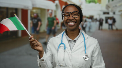 Doctor holding italian flag smiling on urban street showcasing diversity and international...