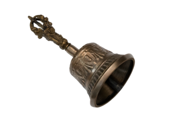 Traditional brass ghanta bell with a vajra handle, used in buddhist rituals, on transparent background