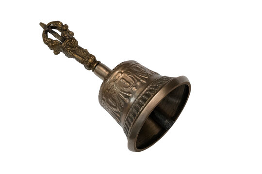 Traditional brass ghanta bell with a vajra handle, used in buddhist rituals, on transparent background