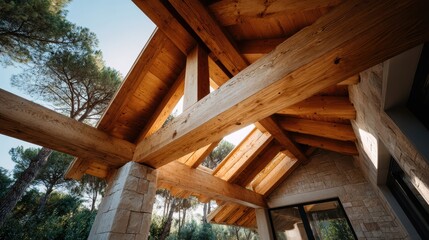 Obraz premium Wooden roof beams and stone wall of modern rustic house in forest