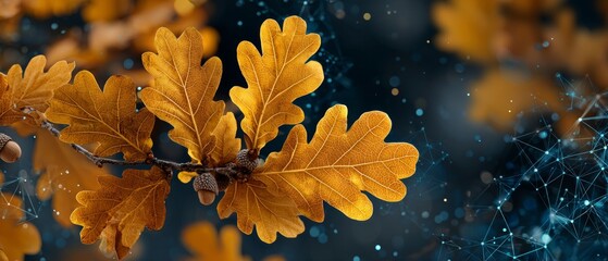 Enchanting autumn park: oak leaves and acorns in warm light. Ai dataflow. Dynamic autumn park: a symphony of oak leaves, acorns, and sunlight. Tech innovation. Futuristic system.