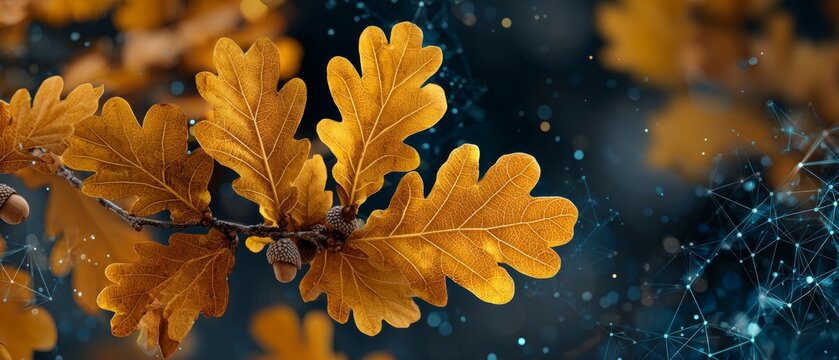 Enchanting autumn park: oak leaves and acorns in warm light. Ai dataflow. Dynamic autumn park: a symphony of oak leaves, acorns, and sunlight. Tech innovation. Futuristic system.