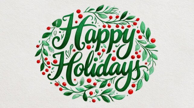 Beautifully hand painted watercolor happy holidays message surrounded by a festive green leaf and red berry wreath
