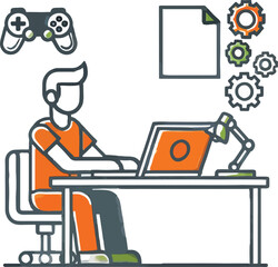 Person working on laptop with gaming controller and gears