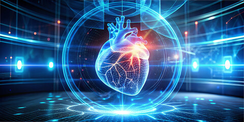 A holographic heart representation is shown in a modern laboratory, highlighting innovative technology