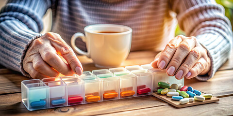 A person sorts colorful pills into a weekly organizer while sipping coffee. Soft sunlight highlights the scene, creating a calm and focused atmosphere