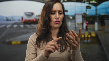 Young hispanic woman counting fingers while waiting at busy airport terminal; planning anticipation readiness preparation.