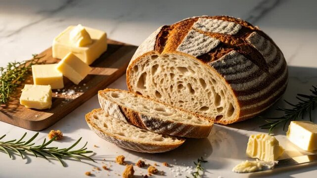 Freshly baked bread and butter arrangement