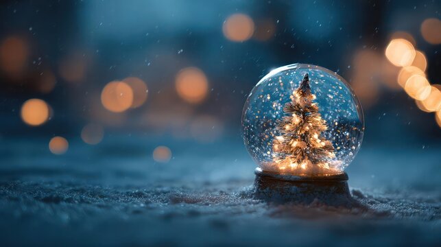 Magical glowing christmas tree inside a sparkling snow globe with bokeh lights in the background
