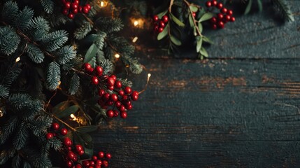 Cozy christmas garland with red berries and warm fairy lights on a rustic dark wooden background