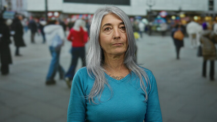 Grey-haired senior woman standing on a busy street in an urban outdoor setting, surrounded by...