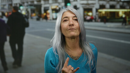 Senior woman with grey hair makes rock gesture on a bustling street outdoors, wearing a blue sweater, symbolizing youthfulness and freedom in an urban setting