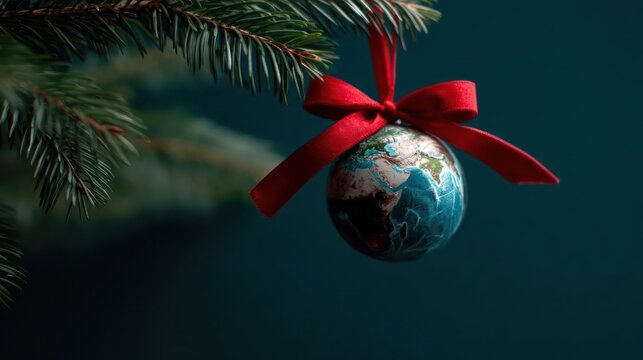 Festive christmas tree ornament shaped like a globe with a red ribbon bow hanging on a pine branch - Powered by Adobe
