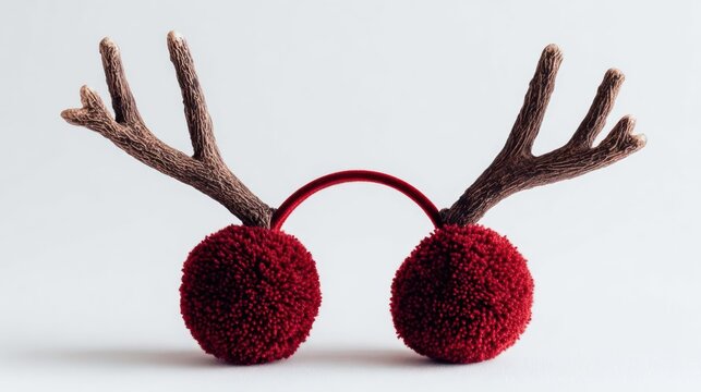 Cozy red fluffy ear muffs with realistic antlers for a festive winter holiday season - Powered by Adobe