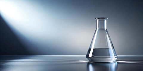 A clear glass flask containing water sits on a shiny table. Soft blue lighting highlights the flask's shape and the water inside, creating a calm atmosphere
