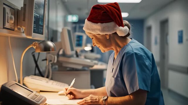 Nurse wearing Santa hat hospital corridor with medical equipment working night shift festive mood