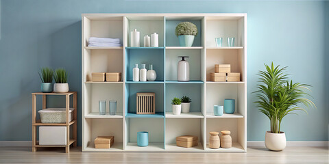 A vibrant blue room features a modern shelving unit filled with decorative vases, plants, and neatly stacked boxes. The arrangement creates a fresh and organized look
