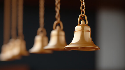 Obraz premium A golden collection of decorative bells hanging gracefully on ornate chains, creating a festive and shimmering visual display. The shiny metal catches the light.