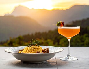 Dish of food and a cocktail at sunset against mountain backdrop