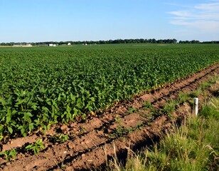 Lush Green Crop Field Under a Clear Blue Sky.