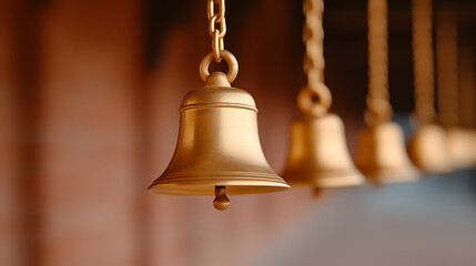 Obraz premium A row of aged bells, suspended, echoes timeless traditions. The polished brass catches the light, promising chimes of history and heritage. Simple shapes of resonance.