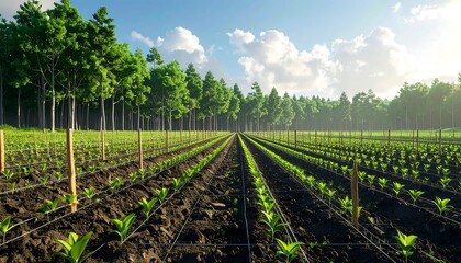 Lush Green Farm with Rows of Young Plants and Forest Backdrop.