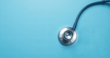 A shiny stethoscope lies on a smooth blue surface, often used by healthcare professionals for monitoring patient health and conducting medical examinations