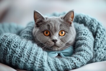 Naklejka premium Gray British Cat Wrapped In A Blue Blanket