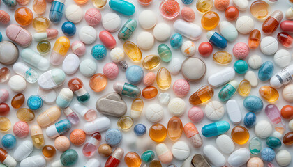 A diverse assortment of pills and capsules in various shapes, sizes, and colors spread across a bright white surface, showcasing different types of medication typically found in a pharmacy