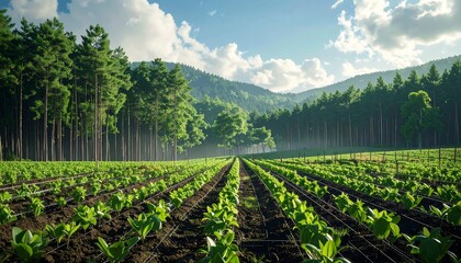 Lush Green Field with Rows of Young Plants and Forest Backdrop.