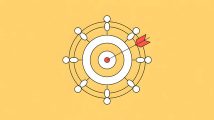 Strategic arrow hitting bullseye on target with abstract figures representing team collaboration, symbolizing success and goal achievement in business