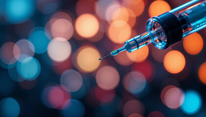 This close-up captures a syringe with a droplet at the tip, set against a blurred backdrop of colorful lights, creating a striking visual. The mood suggests a late-night scene