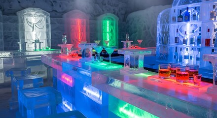 Vibrant ice bar with colorful LED lighting and cocktails served in a frozen setting.