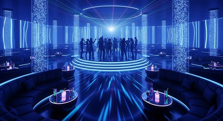 Silhouettes of people dancing on a circular stage in a futuristic nightclub with vibrant blue neon lights.
