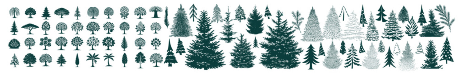 Green Silhouettes of Christmas trees and fruit tree flat cartoon set. A set of different trees. Hand drawn. Not AI, vector illustration.