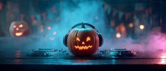 Dj pumpkin: a quirky blend of halloween charm and musical vibes. Poster design. Enchanted halloween pumpkin on dj table amid lush fog and purple glow. Cinema artwork. Promotional poster.