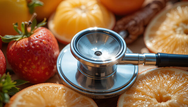 A stethoscope lies among vibrant strawberries, oranges, and lemons on a kitchen counter. This scene emphasizes the importance of healthy eating for better wellness