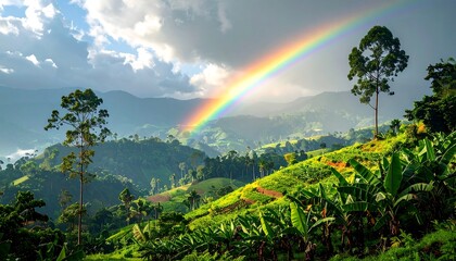 Lush Green Landscape with a Vibrant Rainbow After the Rain.