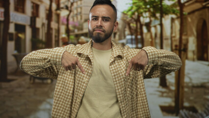 Man pointing both index fingers down toward his torso on a street with checkered shirt and beard; self assertion defiance.