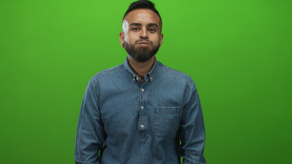 Young hispanic man with puffed cheeks and beard pointing both index fingers while wearing denim shirt in green studio; playful amusement.