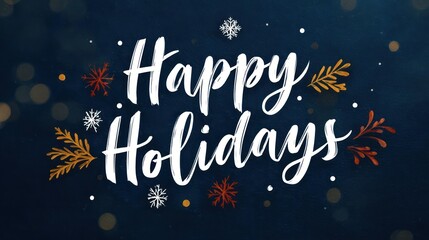 Elegant white script text happy holidays surrounded by autumn leaves and snowflakes on dark blue background