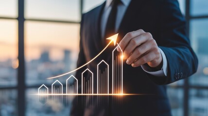 Developer Hand Growing a Holographic City Skyline Chart. real estate developer's hand in a dark suit, seemingly "building" a glowing, translucent histogram. The chart bars are shaped like minimalistic