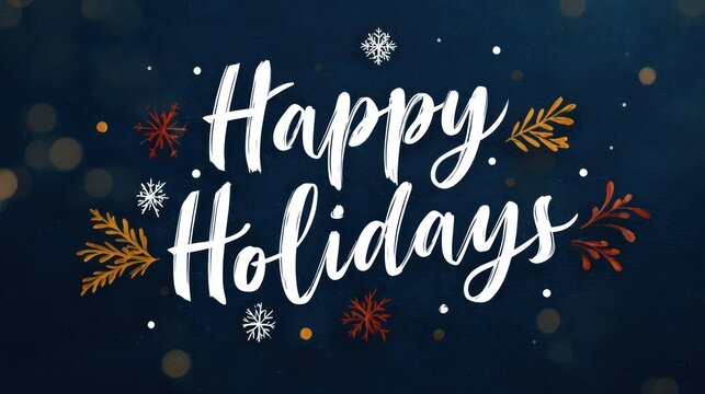 Elegant white script text happy holidays surrounded by autumn leaves and snowflakes on dark blue background - Powered by Adobe