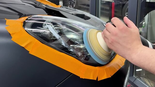 Car detailing series: The process of polishing the headlights. Hands of male professional worker with orbital polisher in auto repair shop, polishing car headlight. Car wax polishing process.