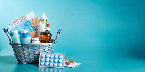 Obraz premium A basket holds various health supplies, including medicines, syrups, and vitamins. This arrangement provides convenient access to essential items during illness