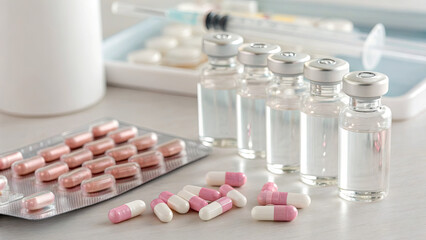 Vials containing liquid medications sit on a work surface alongside a tray filled with pink and white capsules and syringes. This scene depicts a clinical setting for medication preparation